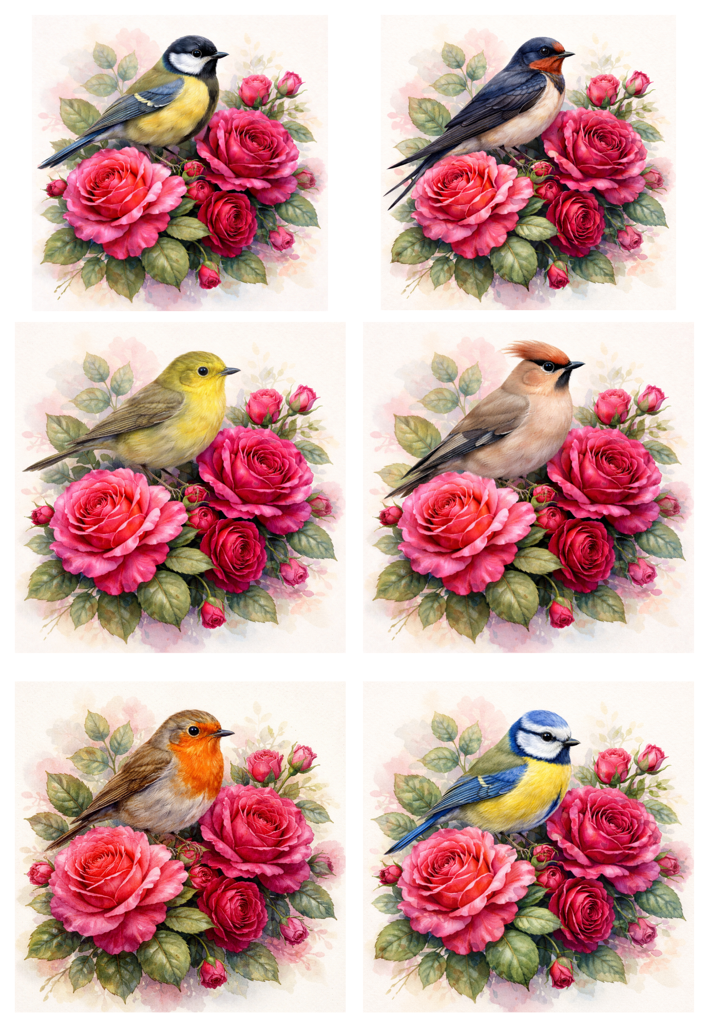 Rice Paper For Decoupage Various Birds On Roses Collage Cat. No. 5743