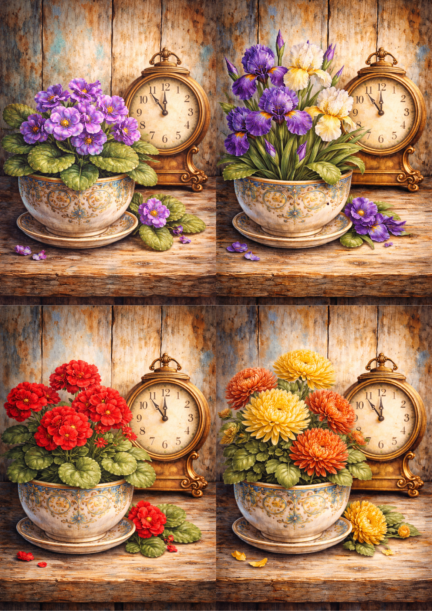 Rice Paper For Decoupage Clock And Flowers Collage Cat. No. 5779