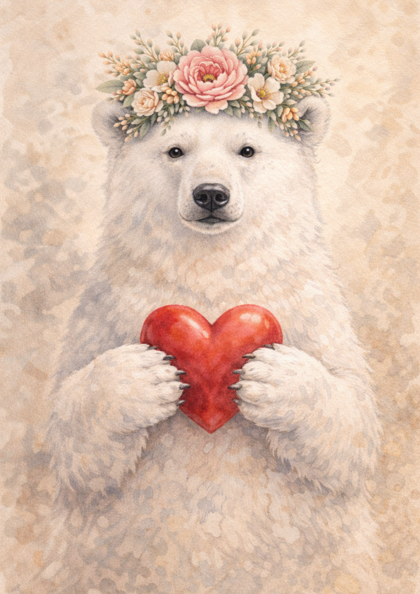 Rice Paper for Decoupage Polar Bear in a Wreath Holding a Heart Full Cat. No. 8414
