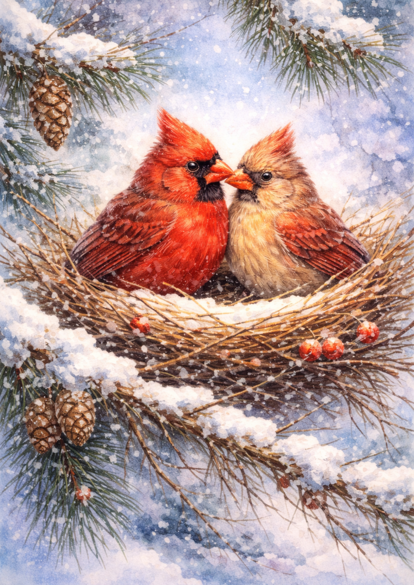 Rice Paper For Decoupage Red Cardinals In A Nest In Winter Full Cat. No. 8437