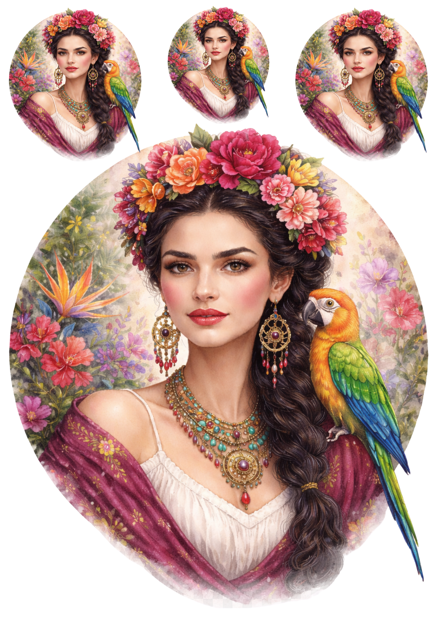 Rice Paper For Decoupage Exotic Woman in a Wreath Collage Cat. No. 8481