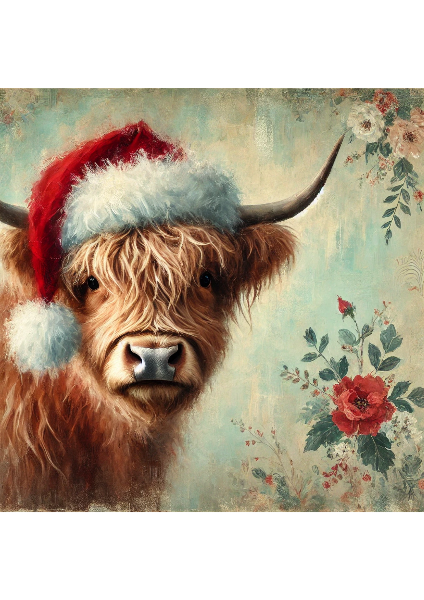 Reispapier für Decoupage, Hochlandkuh mit Weihnachtsmütze, vollständige Kat.-Nr. 2810