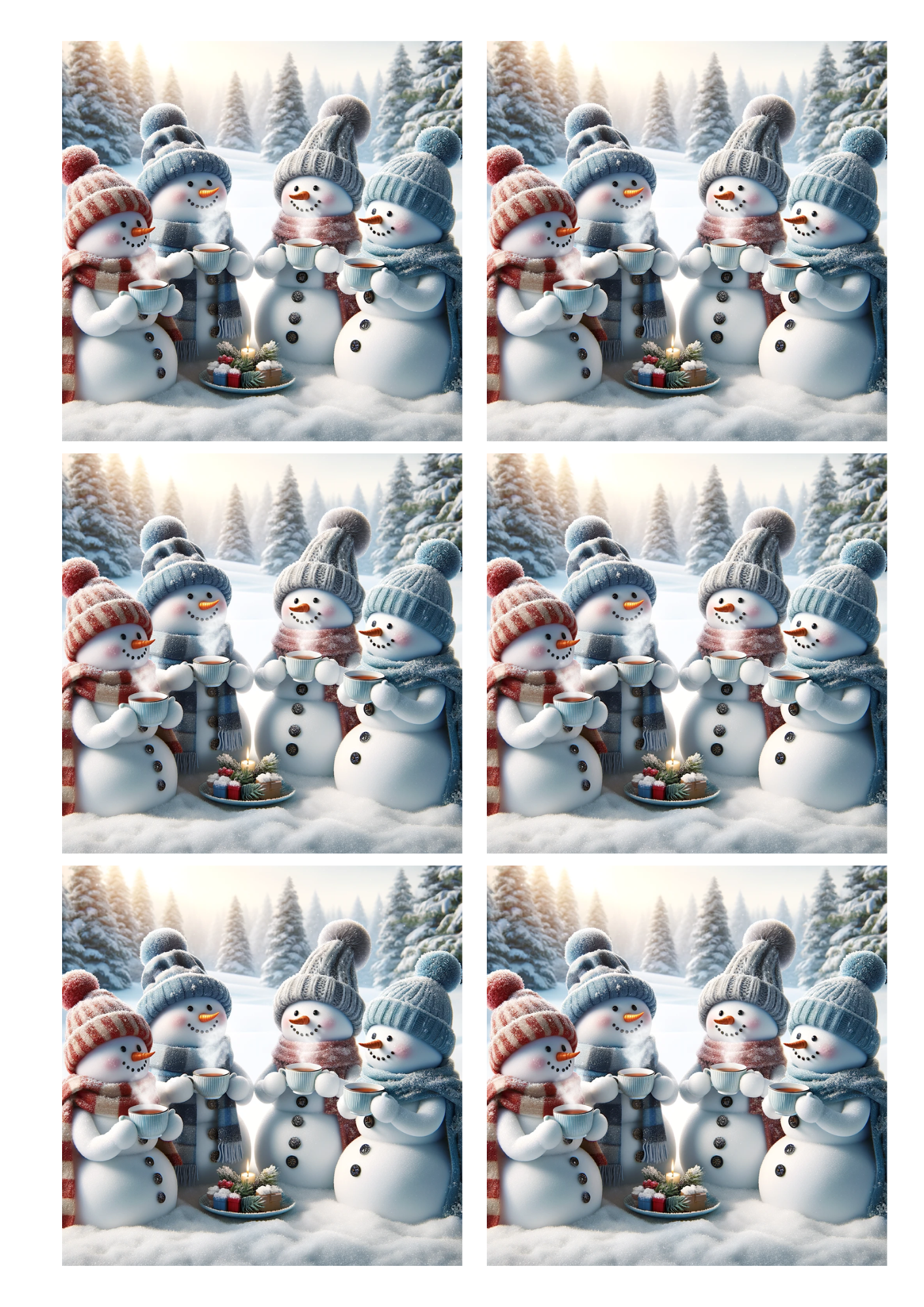 Rice Paper for Decoupage Snowmen Drink Tea Collage Six Cat. No. 1254