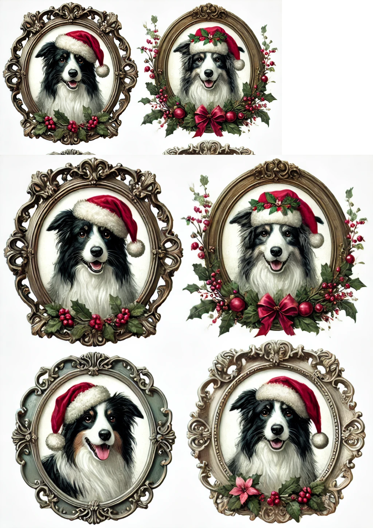 Rice Paper For Decoupage Border Collie in Christmas Hat In Ovals Full Cat. No. 2954