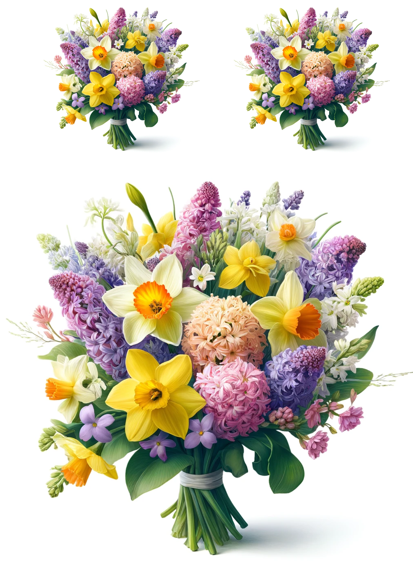 Rice Paper For Decoupage Bouquet of Narcissuses, Hyacinths, Lilac Collage Cat No. 704