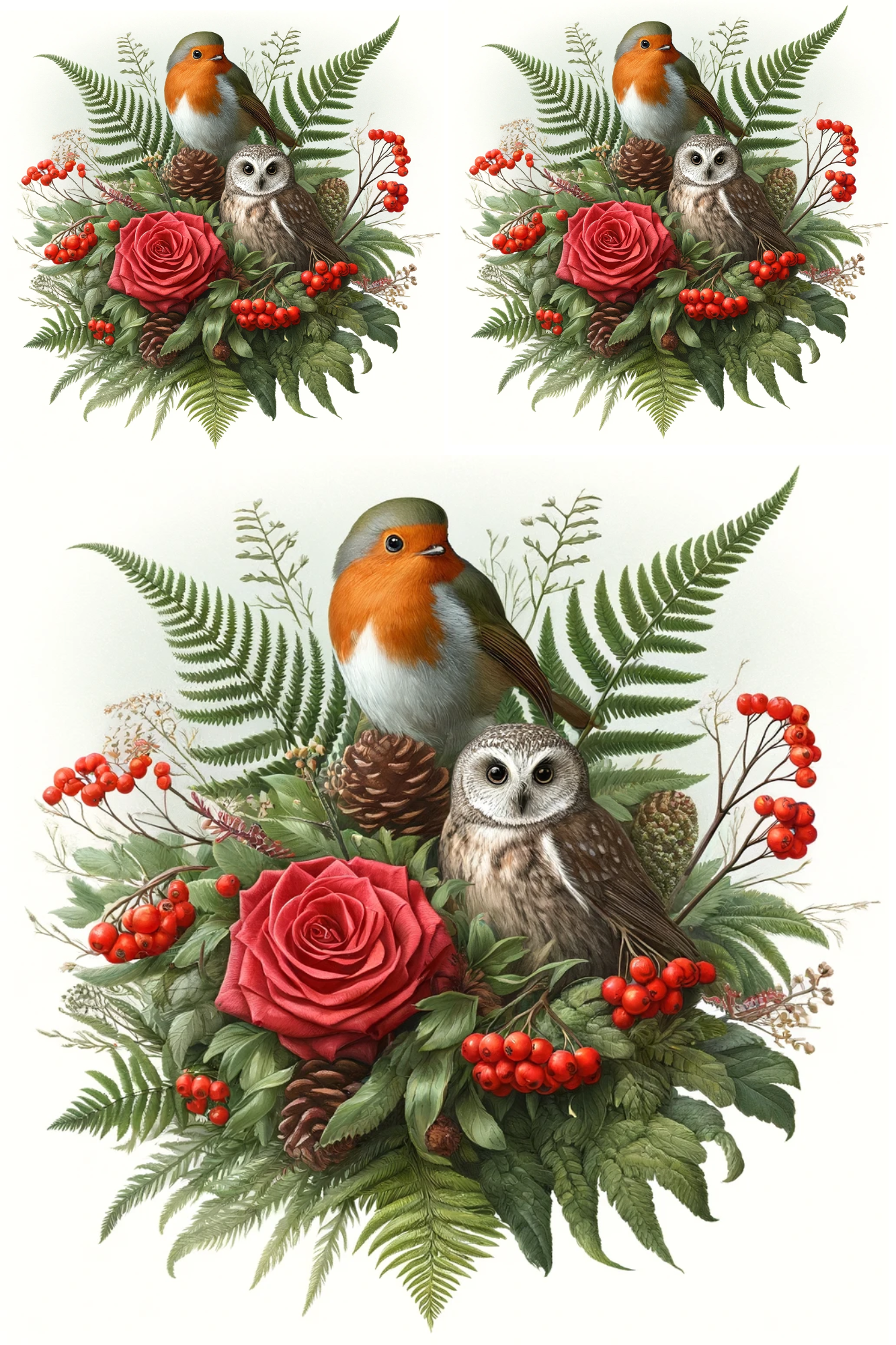 Papier de riz pour découpage Bouquet d'hiver Collage de hibou et de rouge-gorge effraie Cat. N° 449