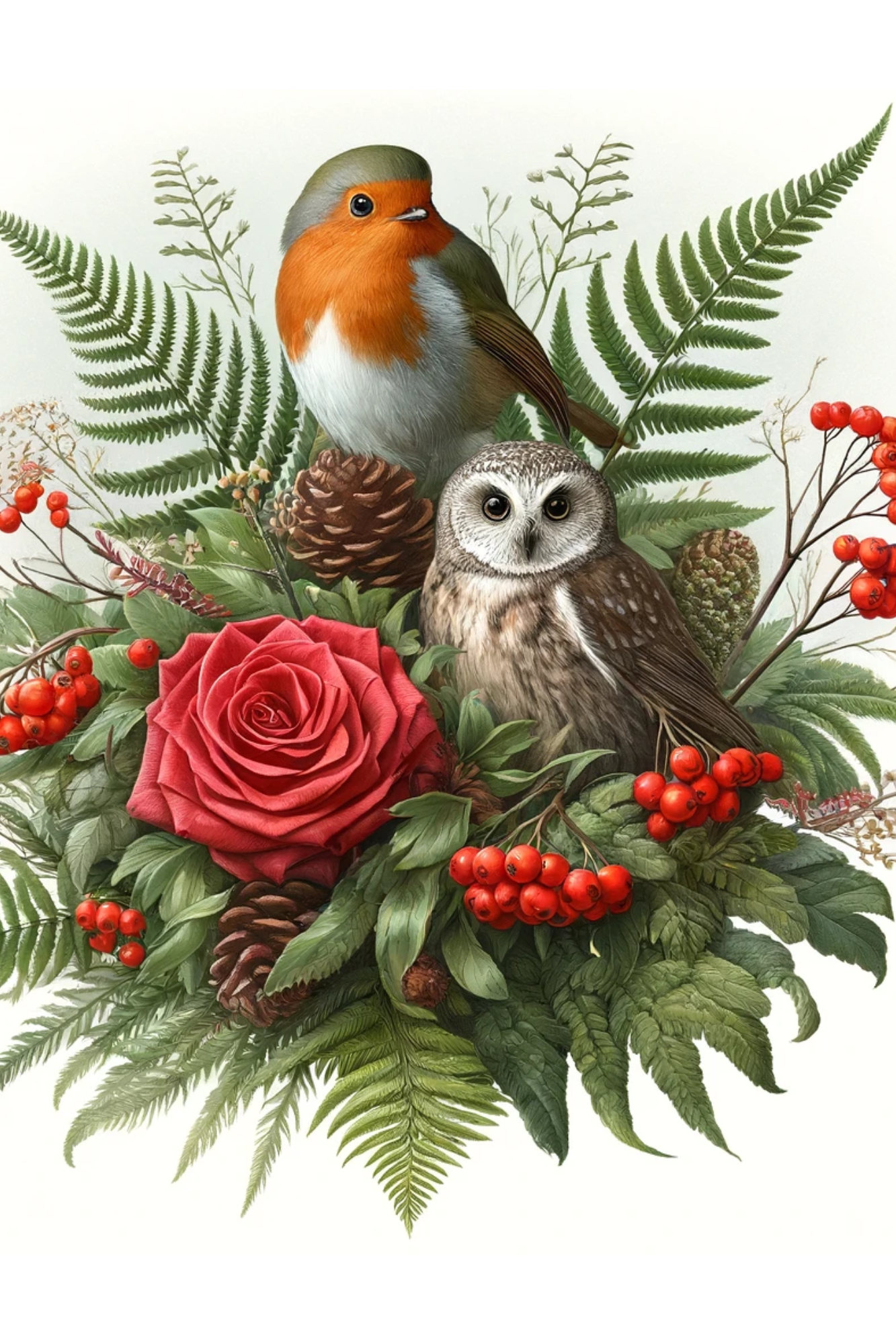 Papier de riz pour découpage Bouquet d'hiver Rouge-gorge et hibou Chouette effraie Cat. complet N° 450