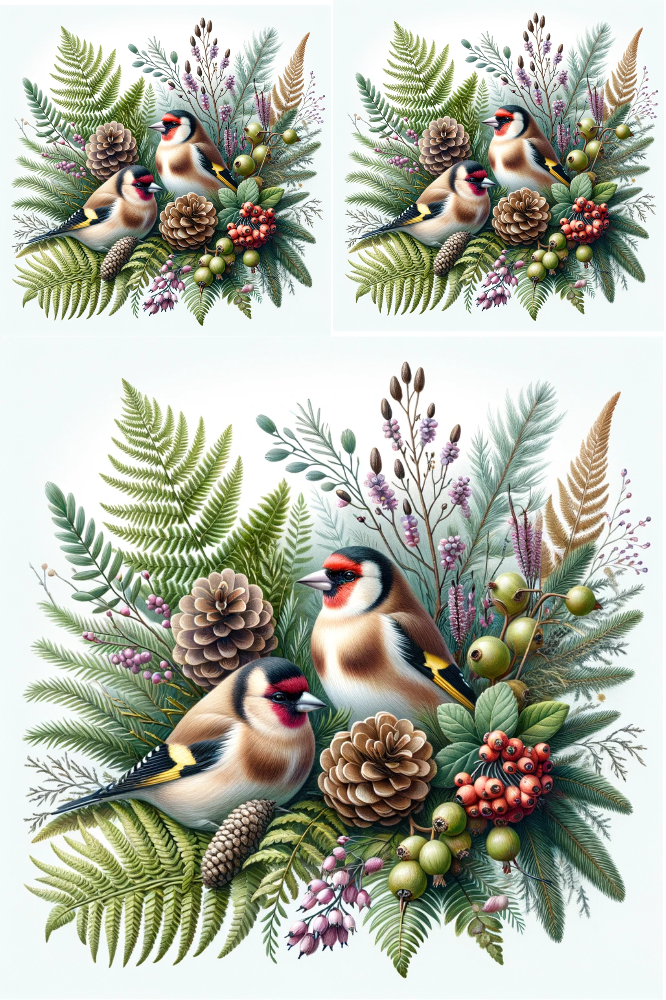 Papier de riz pour découpage Bouquet d'hiver Chardonnerets Collage Cat. N° 454