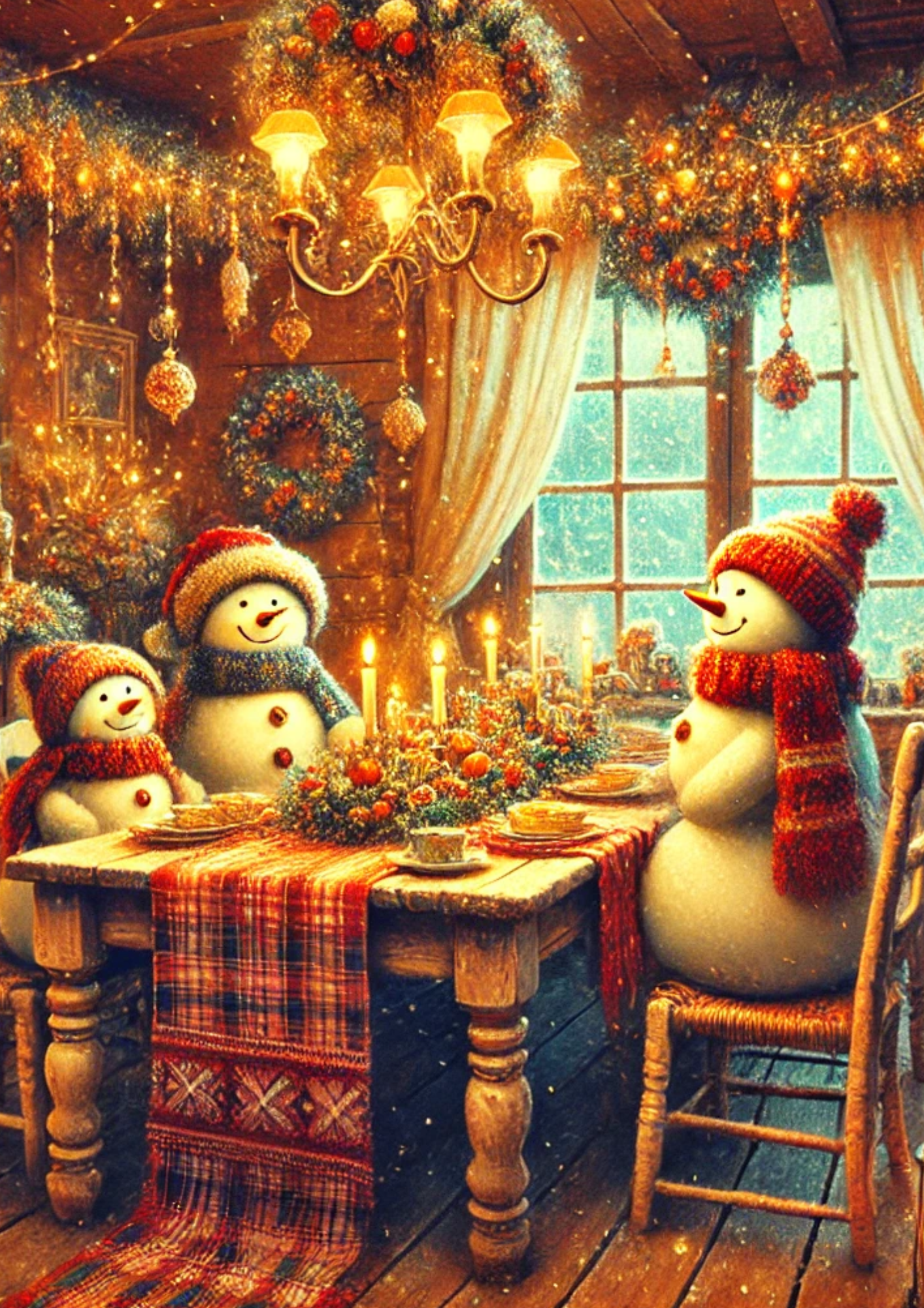 Papel de arroz para decoupage Muñecos de nieve comiendo la cena de Navidad Cat. completo N.º 2746