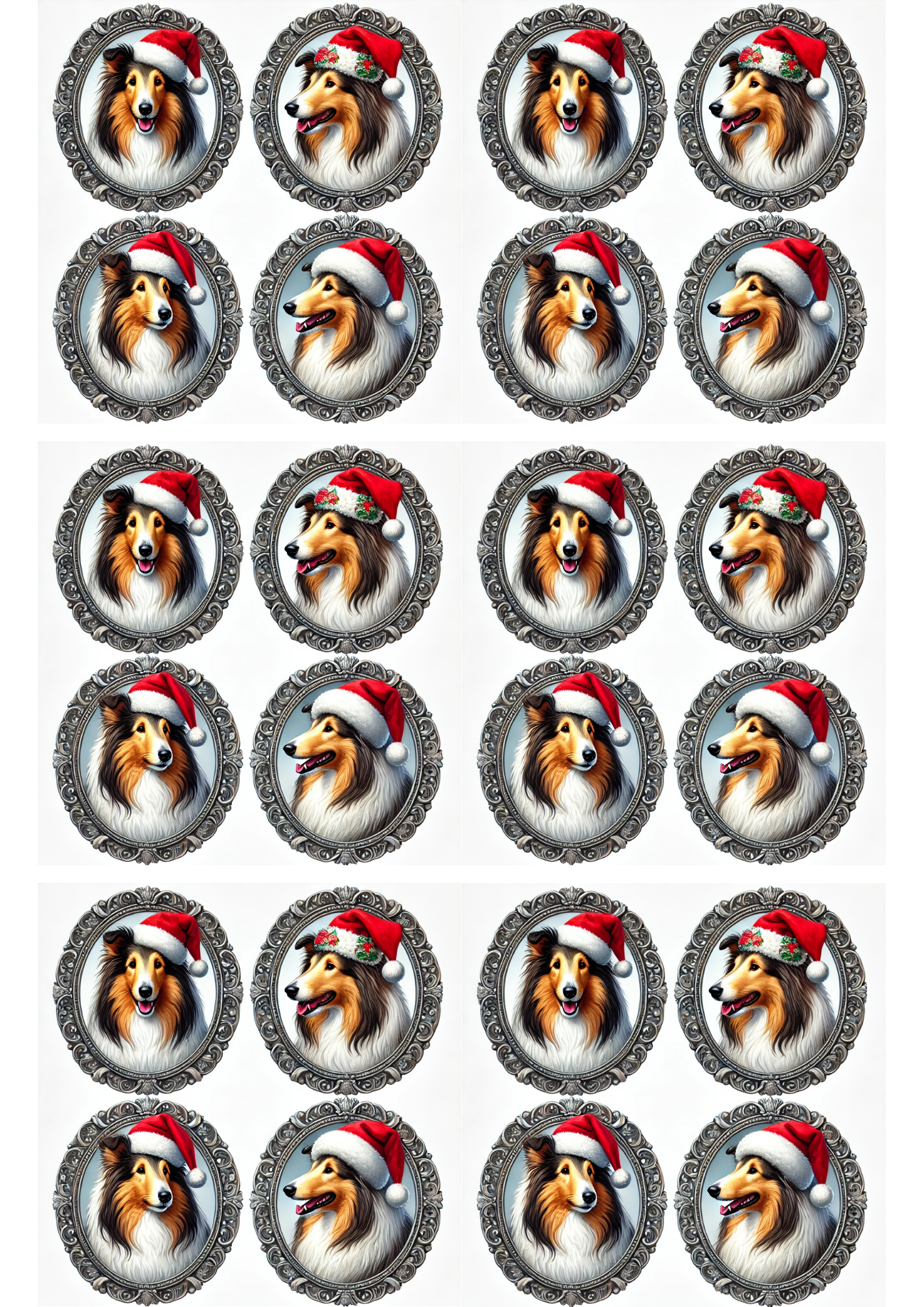 Rice Paper For Decoupage Collies In Christmas Hats In Ovals Collage Cat. No. 2971