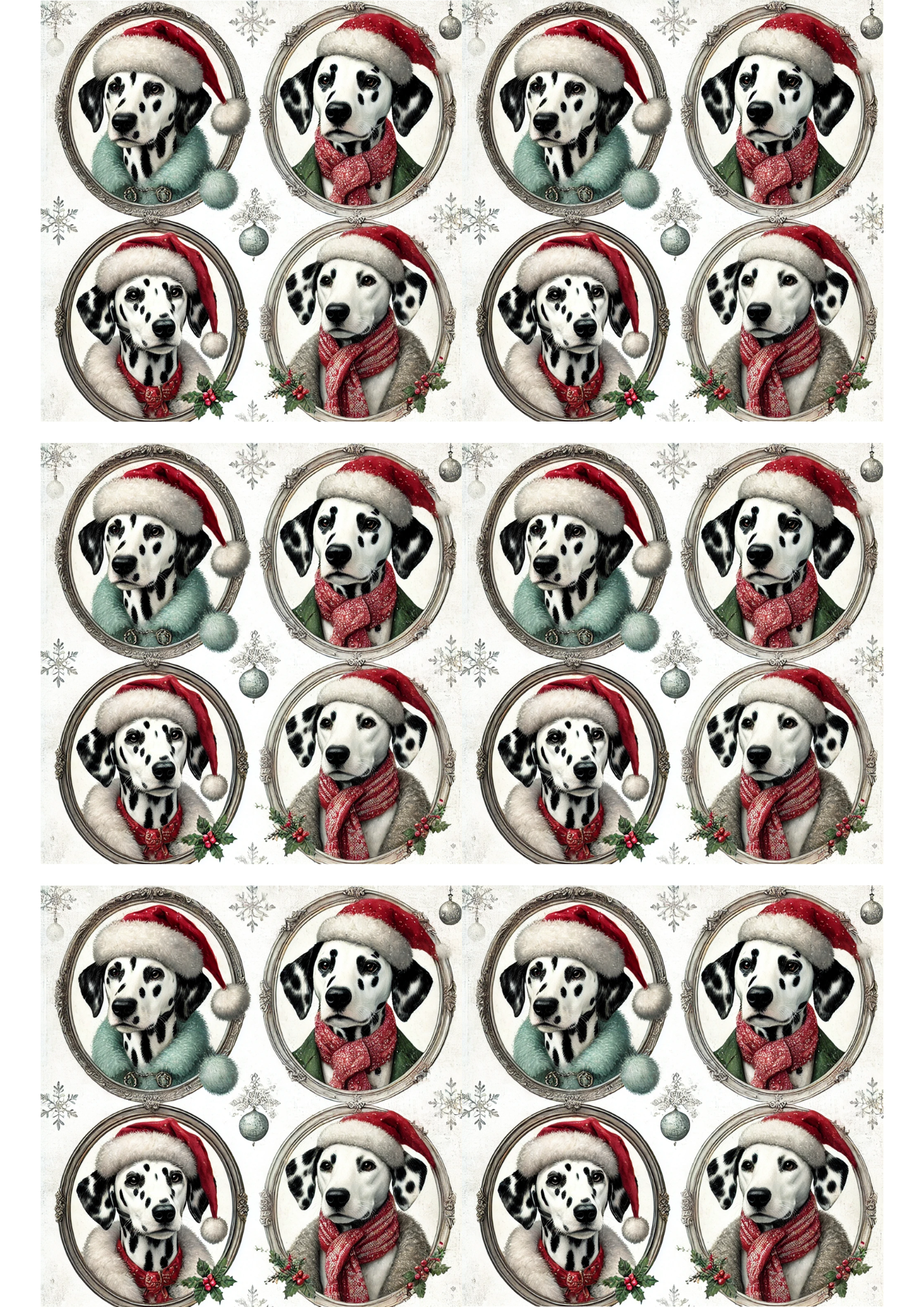 Rice Paper For Decoupage Dalmatians In Christmas Hats In Ovals Collage Cat. No. 2979