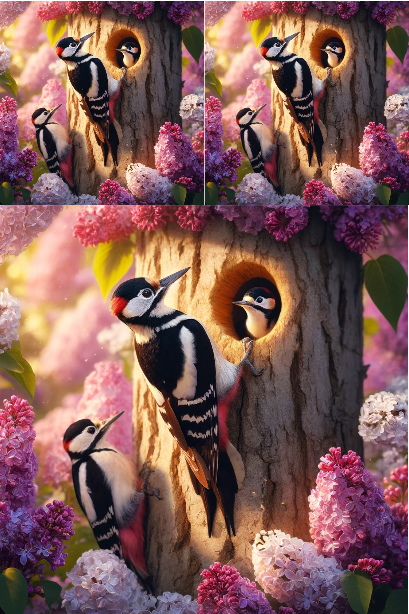 Rice Paper For Decoupage Woodpecker On A Lilac Branch Collage Cat. No. 547
