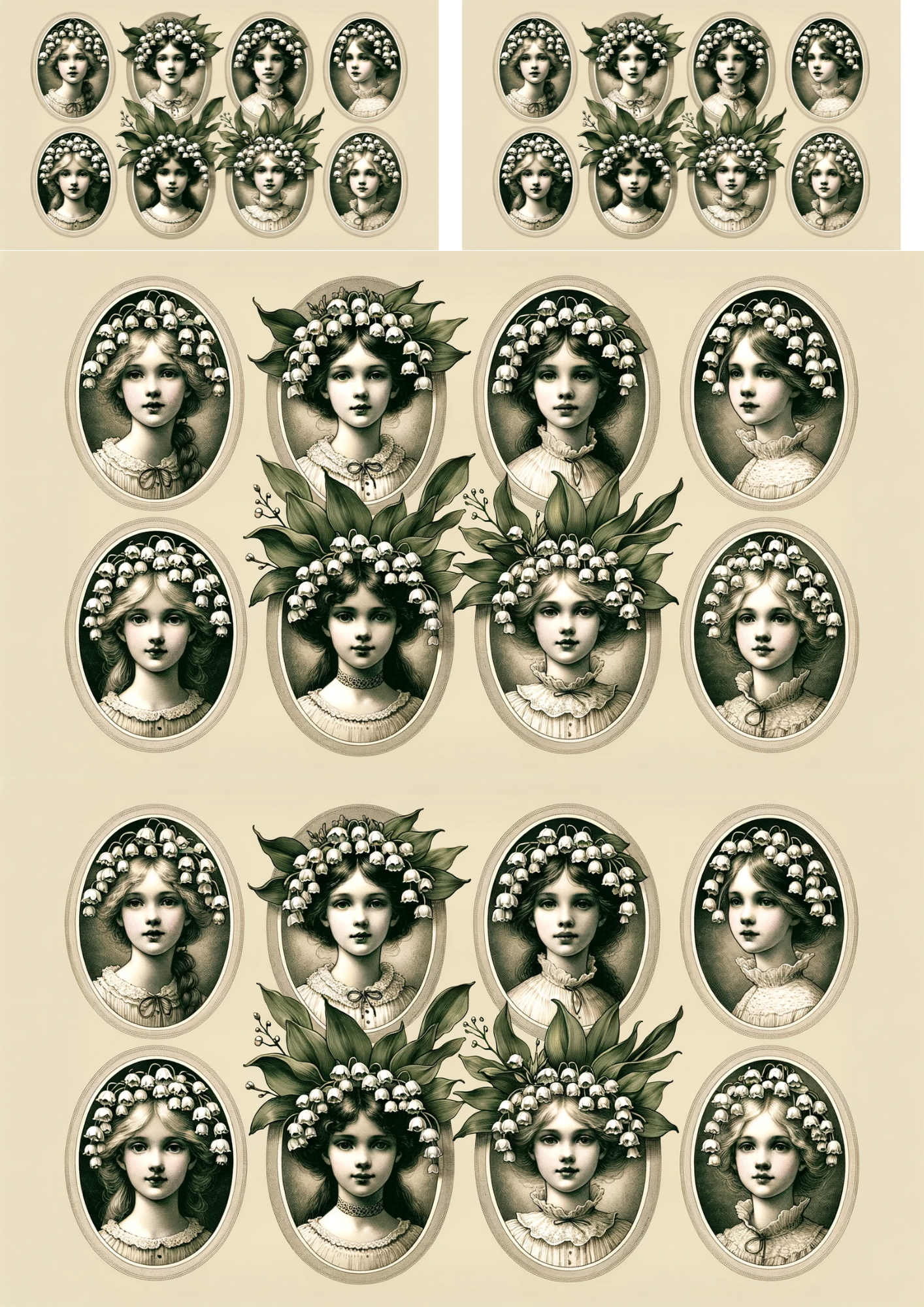 Rice paper for decoupage Girls' heads in lilies of the valley, Oval Collage, Cat. No. 125