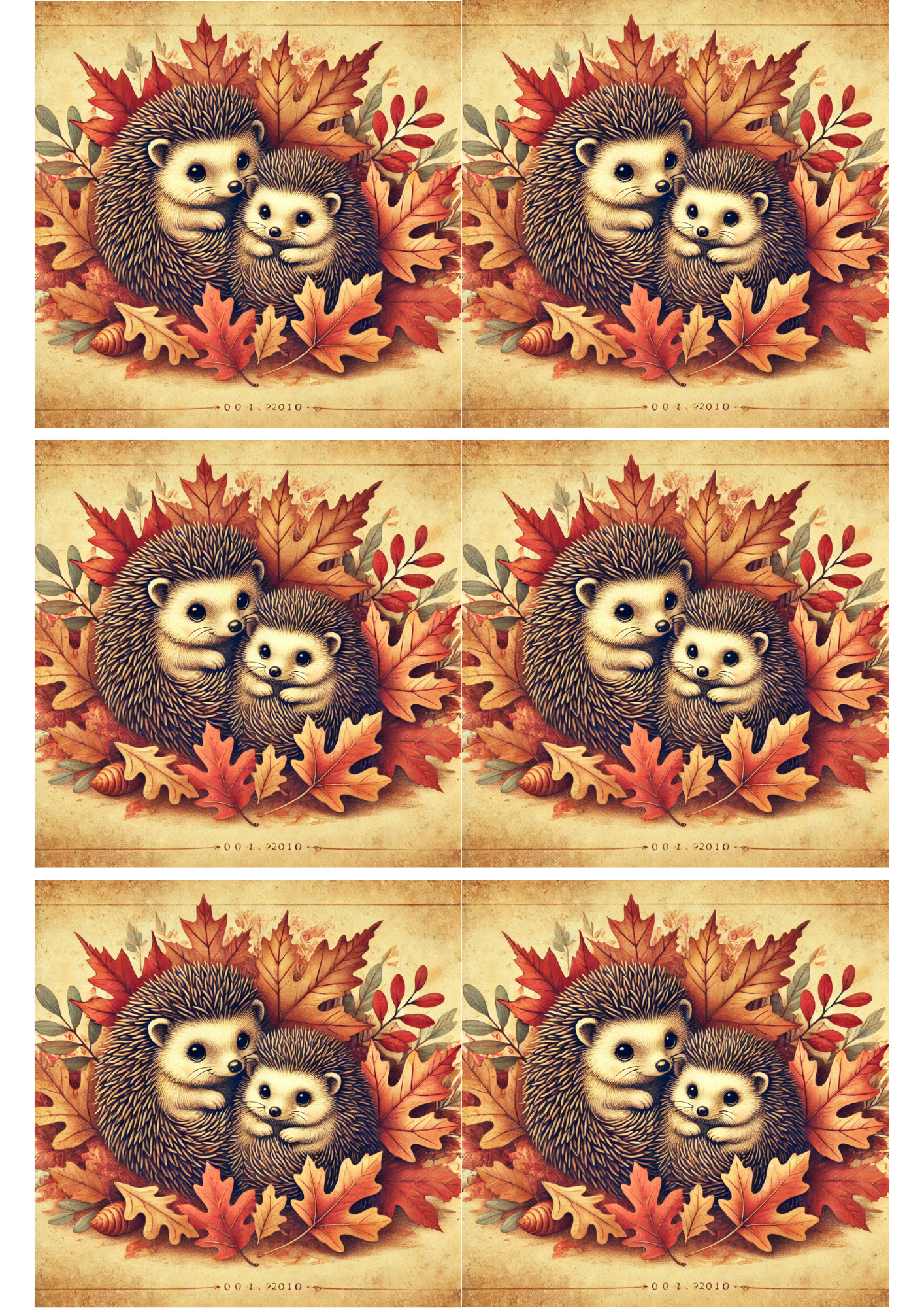 Papier de riz pour découpage Hérissons parmi les feuilles d'automne 2 Collage Cat. N° 1980
