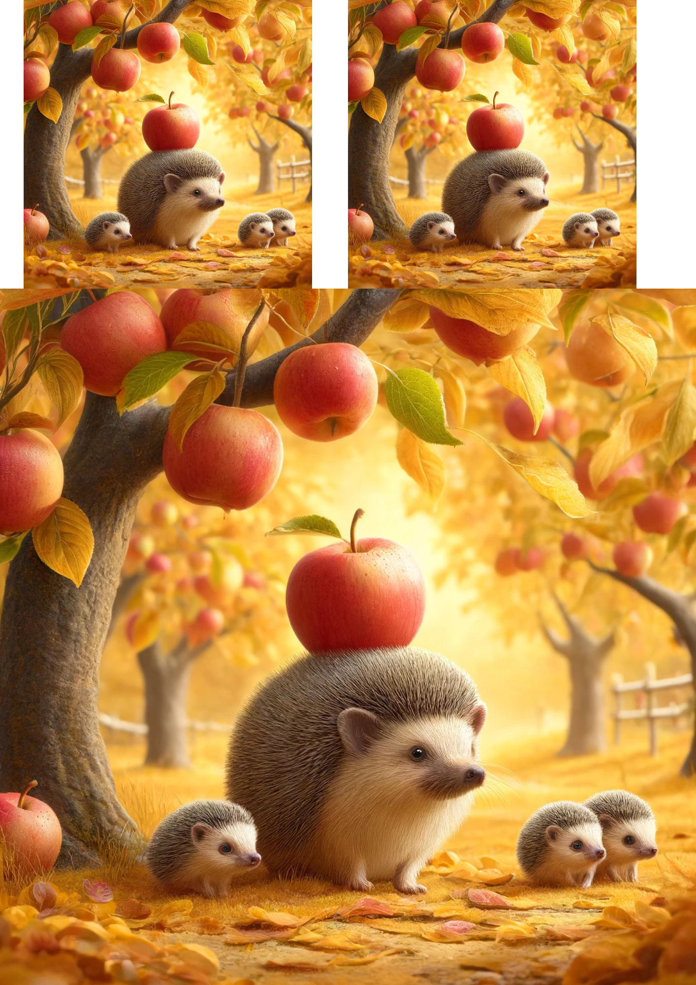 Papier de riz pour découpage Hérissons sous le pommier en automne, Cat. No. 137
