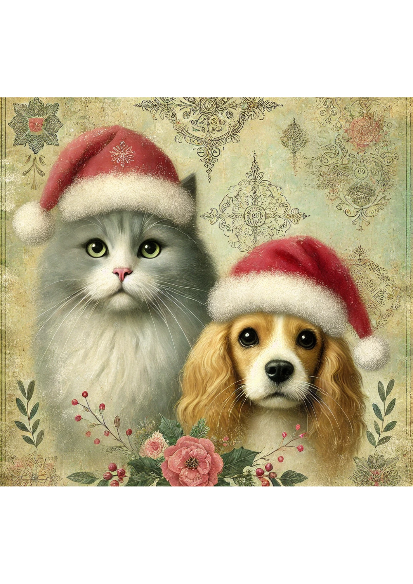 Papel de arroz para decoupage Gato y perro con gorros navideños Gato completo N.º 2031