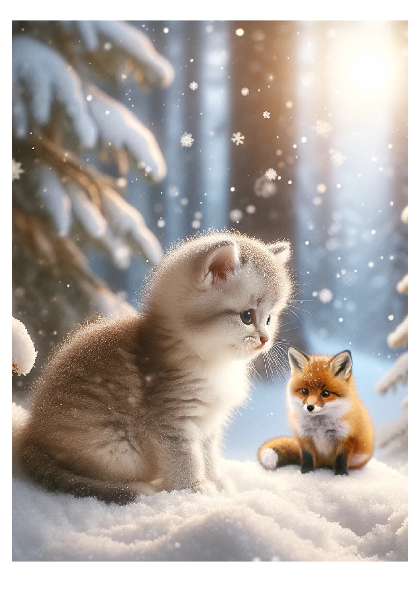 Papier de riz pour découpage Chaton et renard en hiver Full Cat No. 768