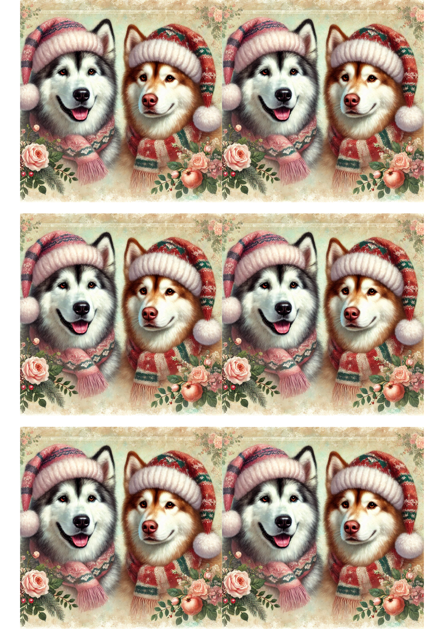 Rice Paper For Decoupage Malamutes In Hats Collage Cat. No. 2867