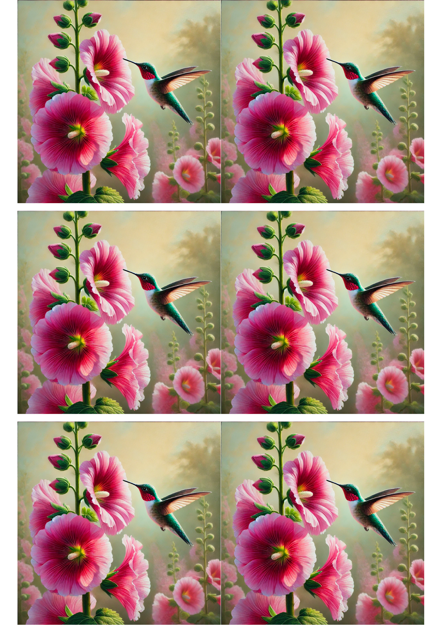 Reispapier für Decoupage-Collage mit Kolibri und Stockrosen, Kat. Nr. 2132