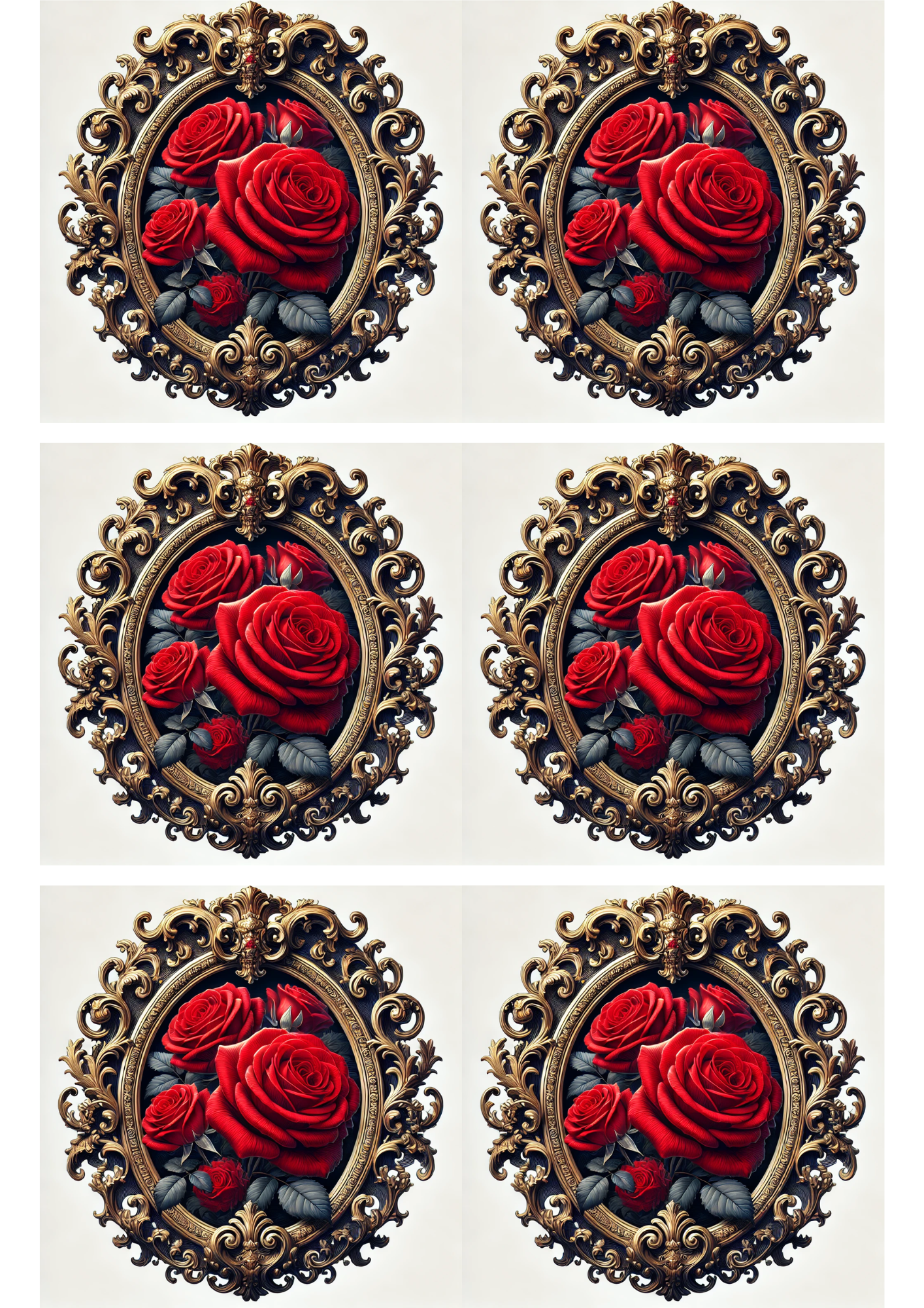 Rice Paper For Decoupage Red Rose Baroque Oval Collage Cat. No. 3113