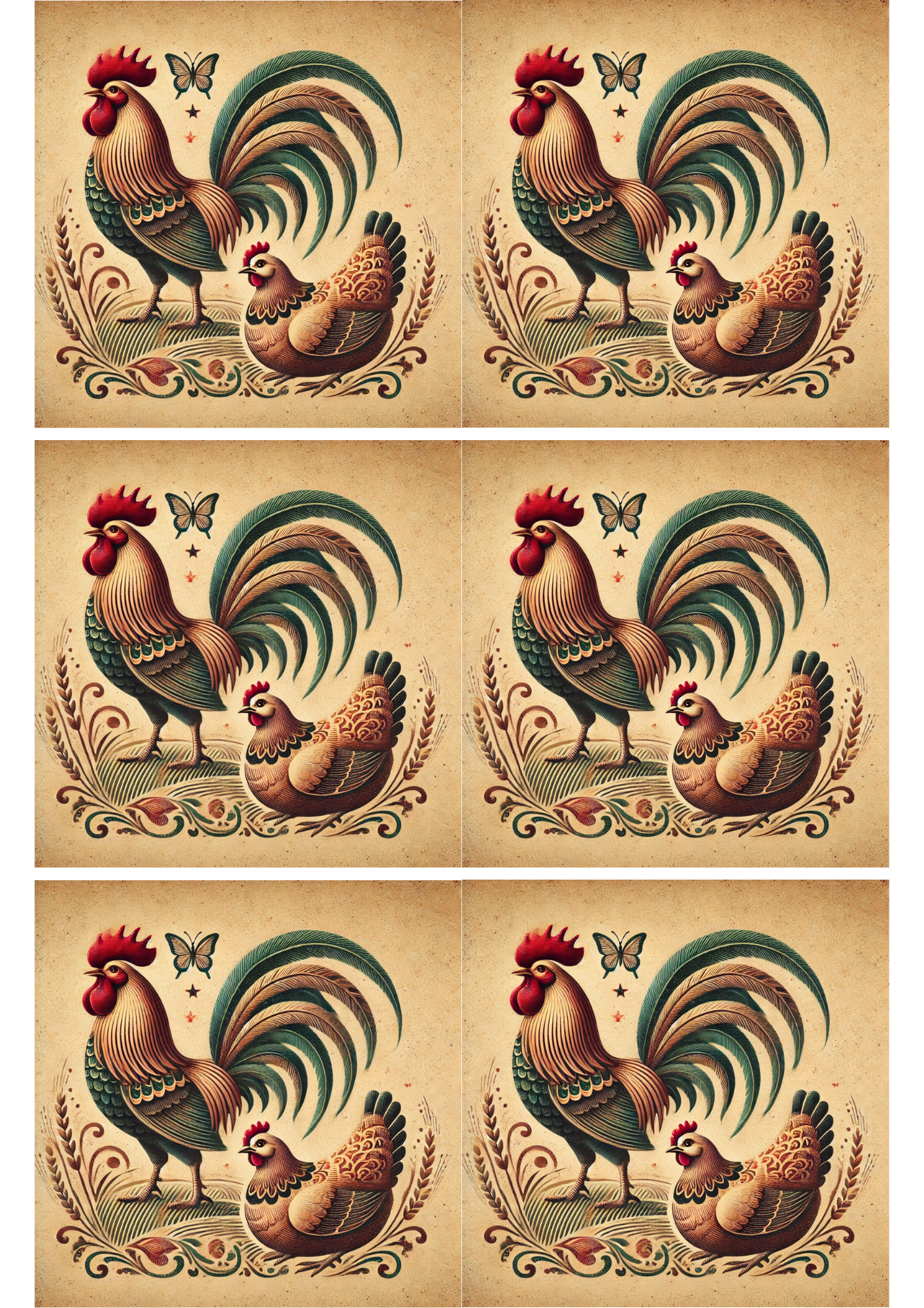 Rice Paper For Decoupage Rooster and Hen Shabby Chic Collage Cat. No. 2343