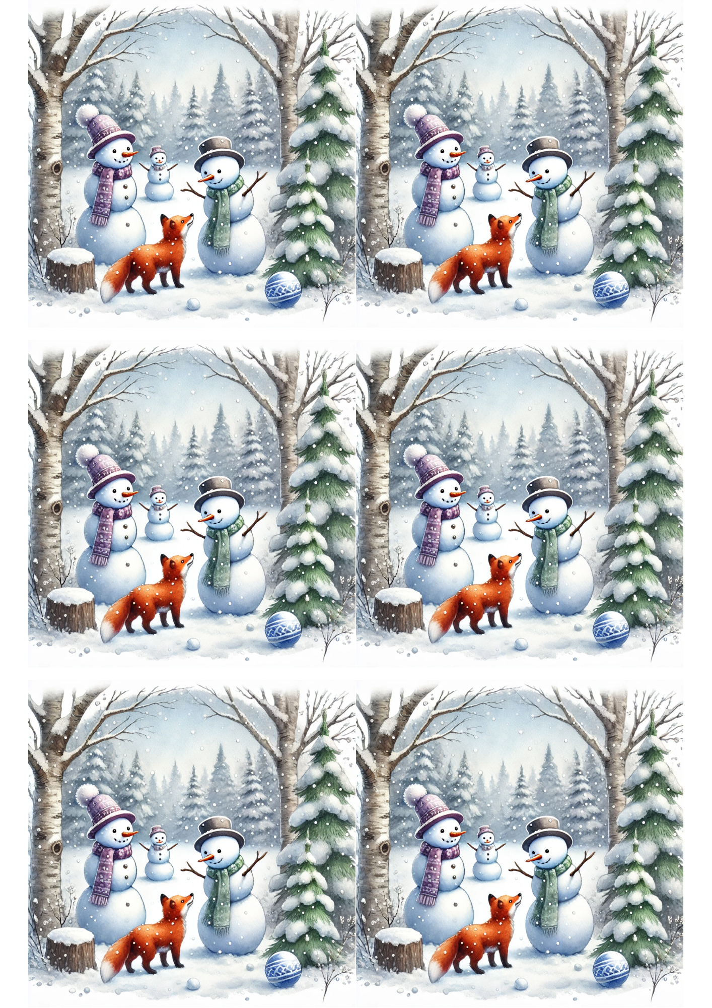 Rice Paper For Decoupage Snowmen and Fox Collage Cat. No. 2469