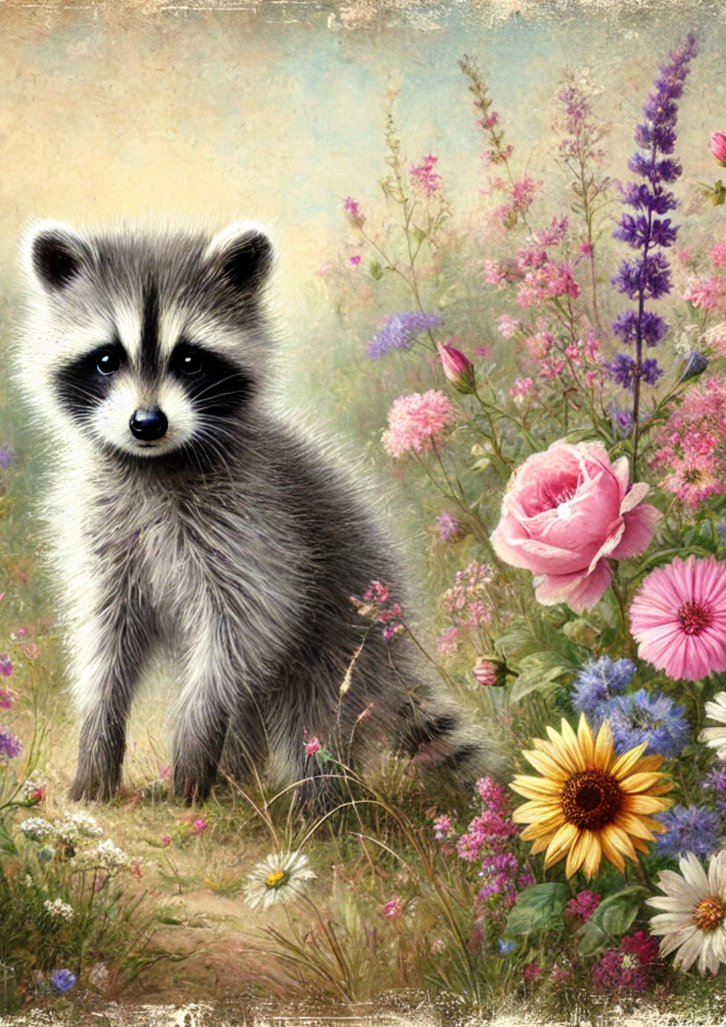 Rice Paper For Decoupage Raccoon On Spring Meadow Full Cat. No. 3166