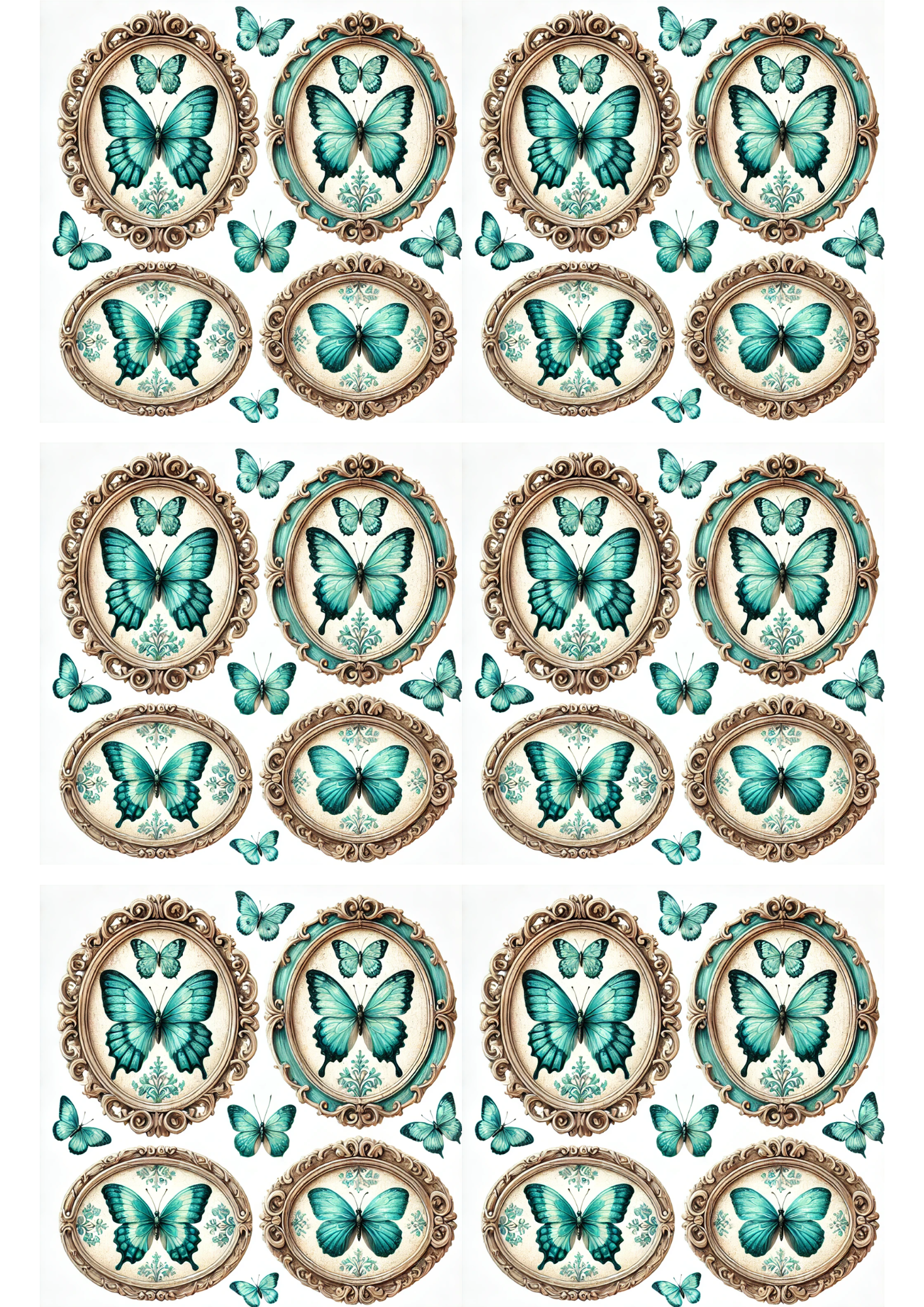 Rice Paper For Decoupage Turquoise Butterflies In Ovals Collage Cat. No. 3169