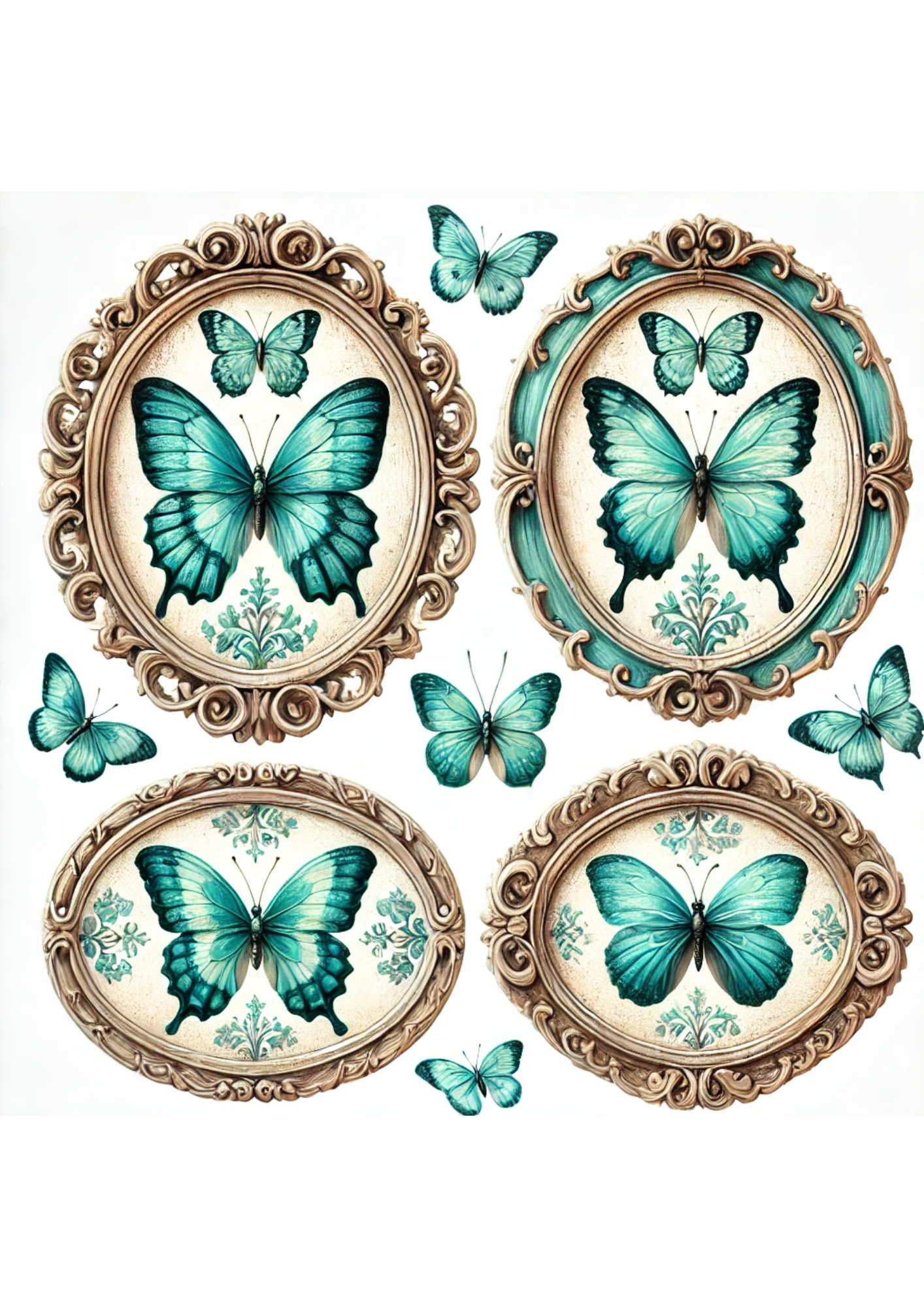 Rice Paper For Decoupage Turquoise Butterflies In Ovals Full Cat. No. 3170