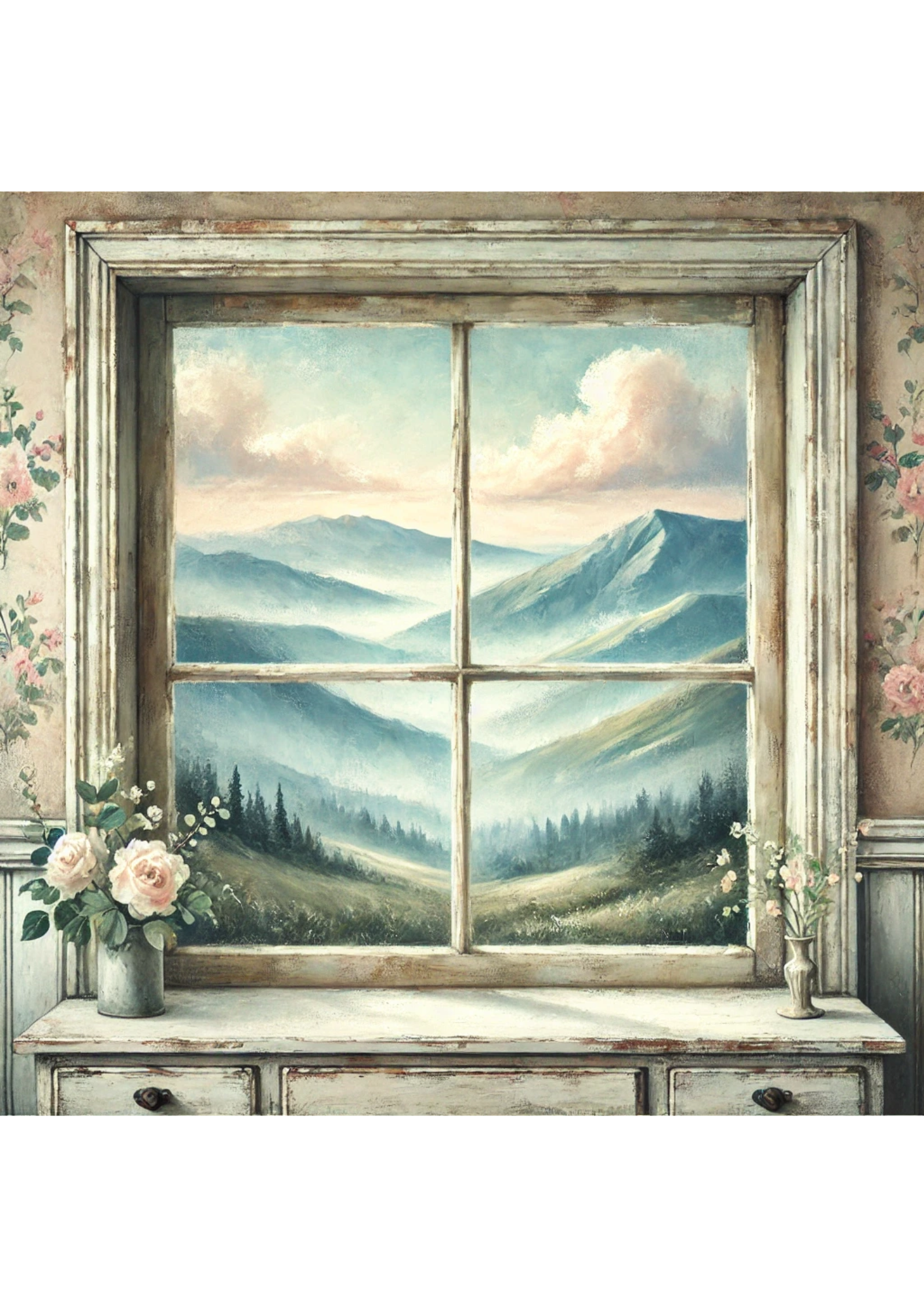 Reispapier für Decoupage, Bergblick durchs Fenster, vollständig, Kat. Nr. 3174