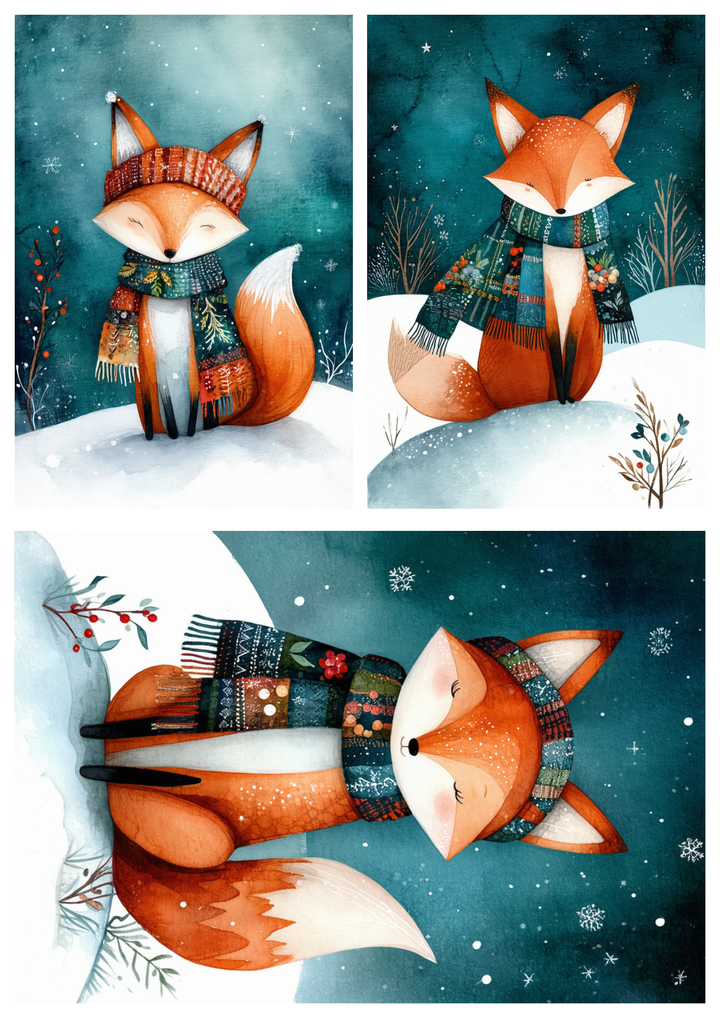 Rice Paper For Decoupage Winter Fox Collage Cat. No. 10017