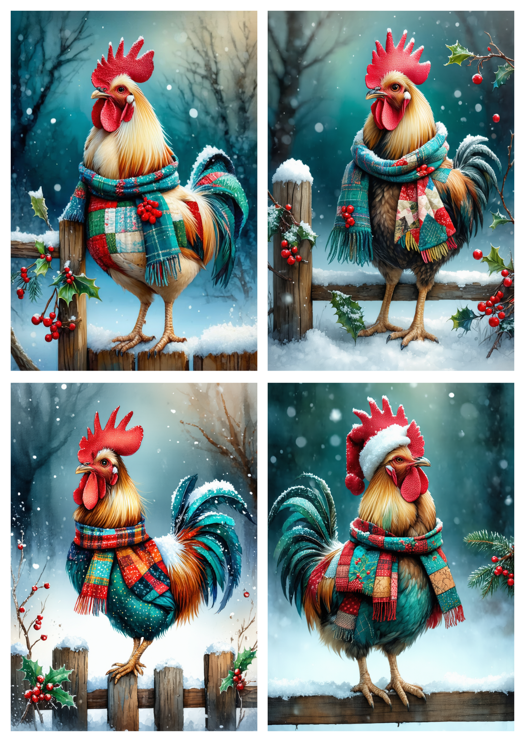 Rice Paper For Decoupage  Winter  Rooster Collage Cat. No. 10087