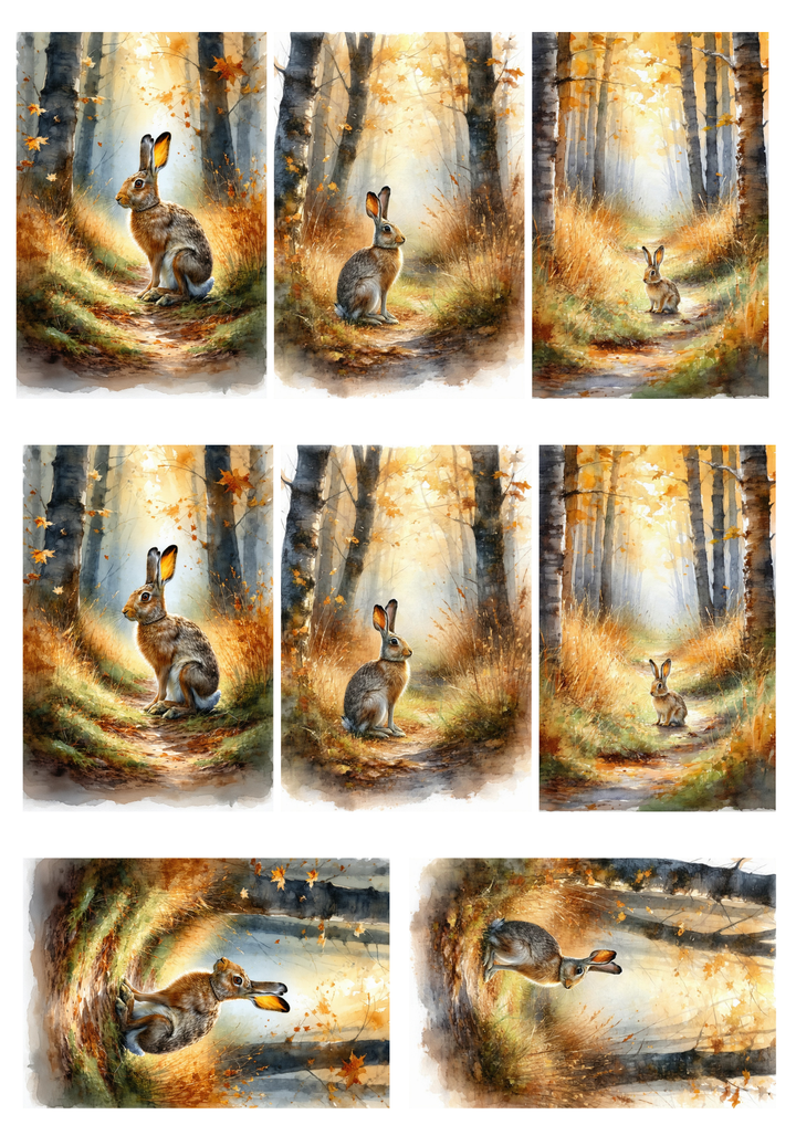 Rice Paper For Decoupage Wild Hare in the Autumn Forest Collage Cat. No. 10098