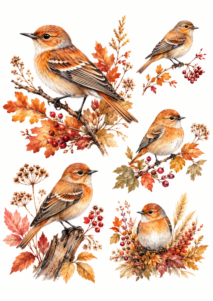 Rice Paper For Decoupage Little Birds of the Golden Season Collage Cat. No. 10099