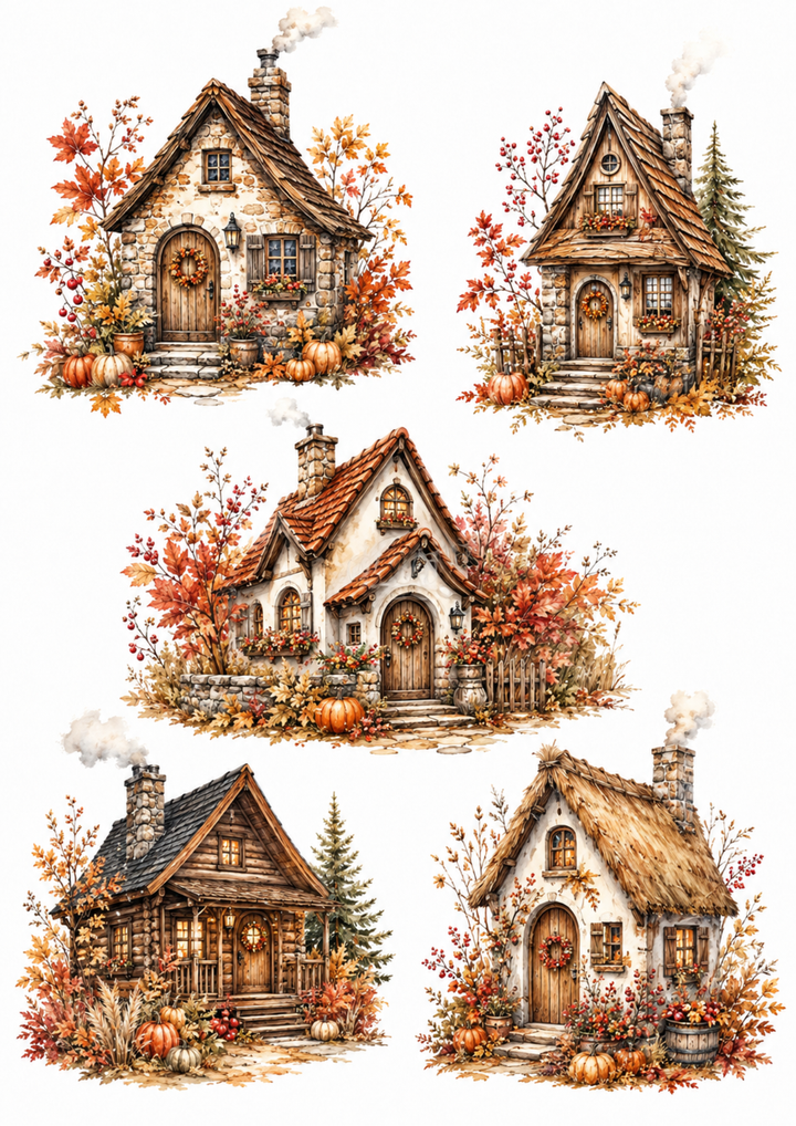 Rice Paper For Decoupage Cozy Autumn Cottages Collage Cat. No. 10100