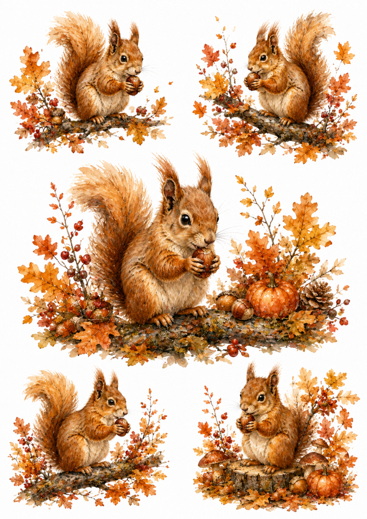 Rice Paper For Decoupage Autumn Squirrel Collage Cat. No. 10102
