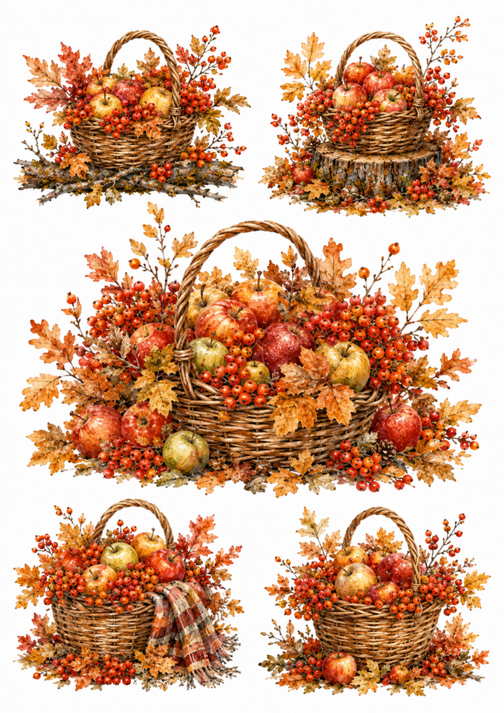 Rice Paper For Decoupage Autumn Harvest Basket Collage Cat. No. 10103
