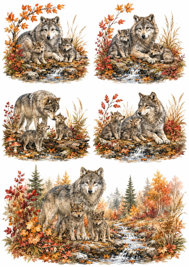 Rice Paper For Decoupage Autumn Wolf Family Collage Cat. No. 10112