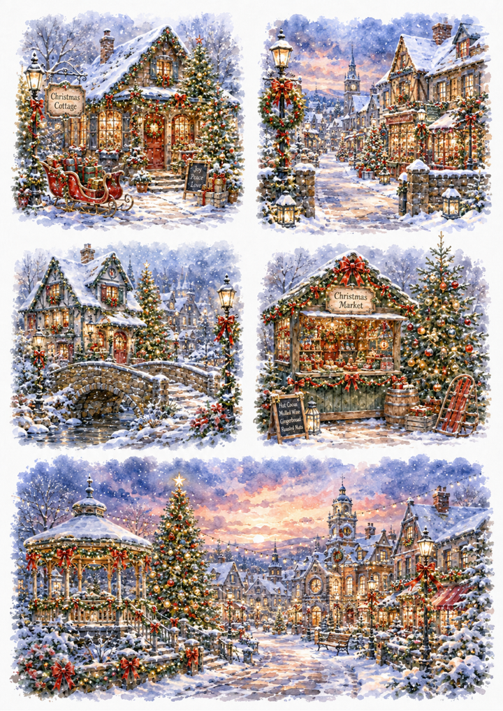 Rice Paper For Decoupage Christmas Village Magic  Collage Cat. No. 10116