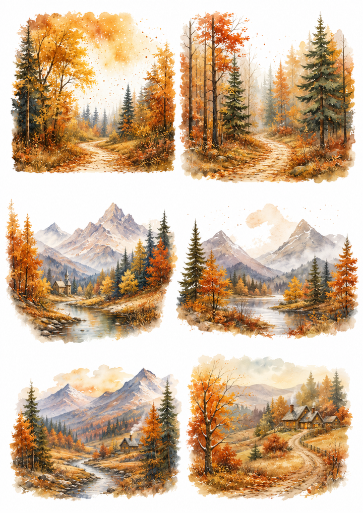 Rice Paper For Decoupage Autumn Mountain Landscape Collage Cat. No. 10118