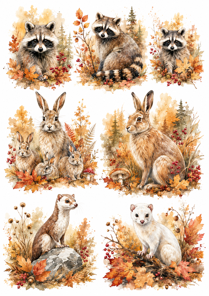 Rice Paper For Decoupage Autumn Animals Collage Cat. No. 10119