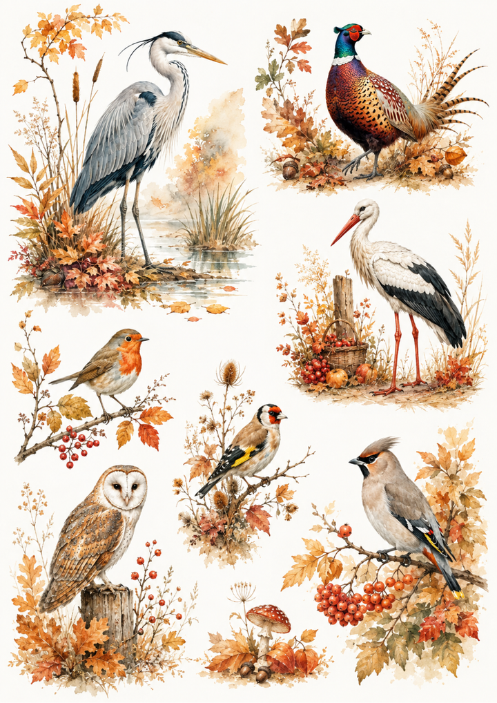 Rice Paper For Decoupage Autumn Birds Collage Cat. No. 10120
