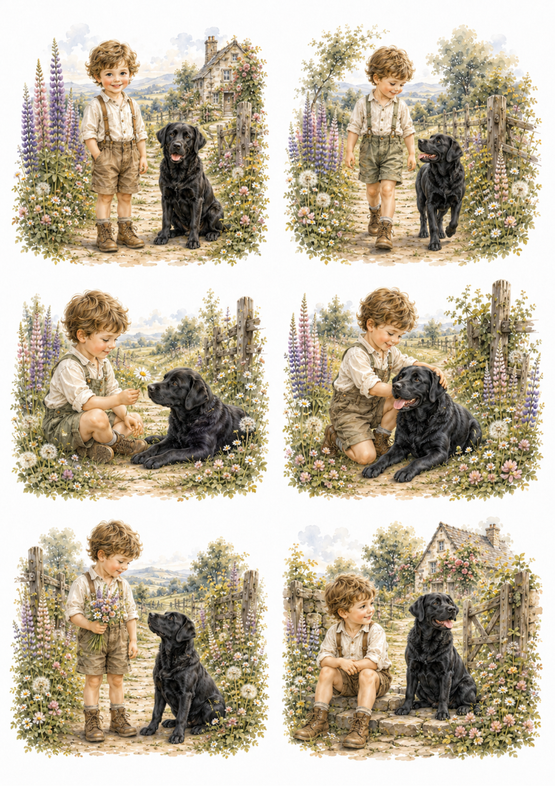 Rice Paper For Decoupage Little Boy &amp; Black Labrador Collage Cat. No. 10139