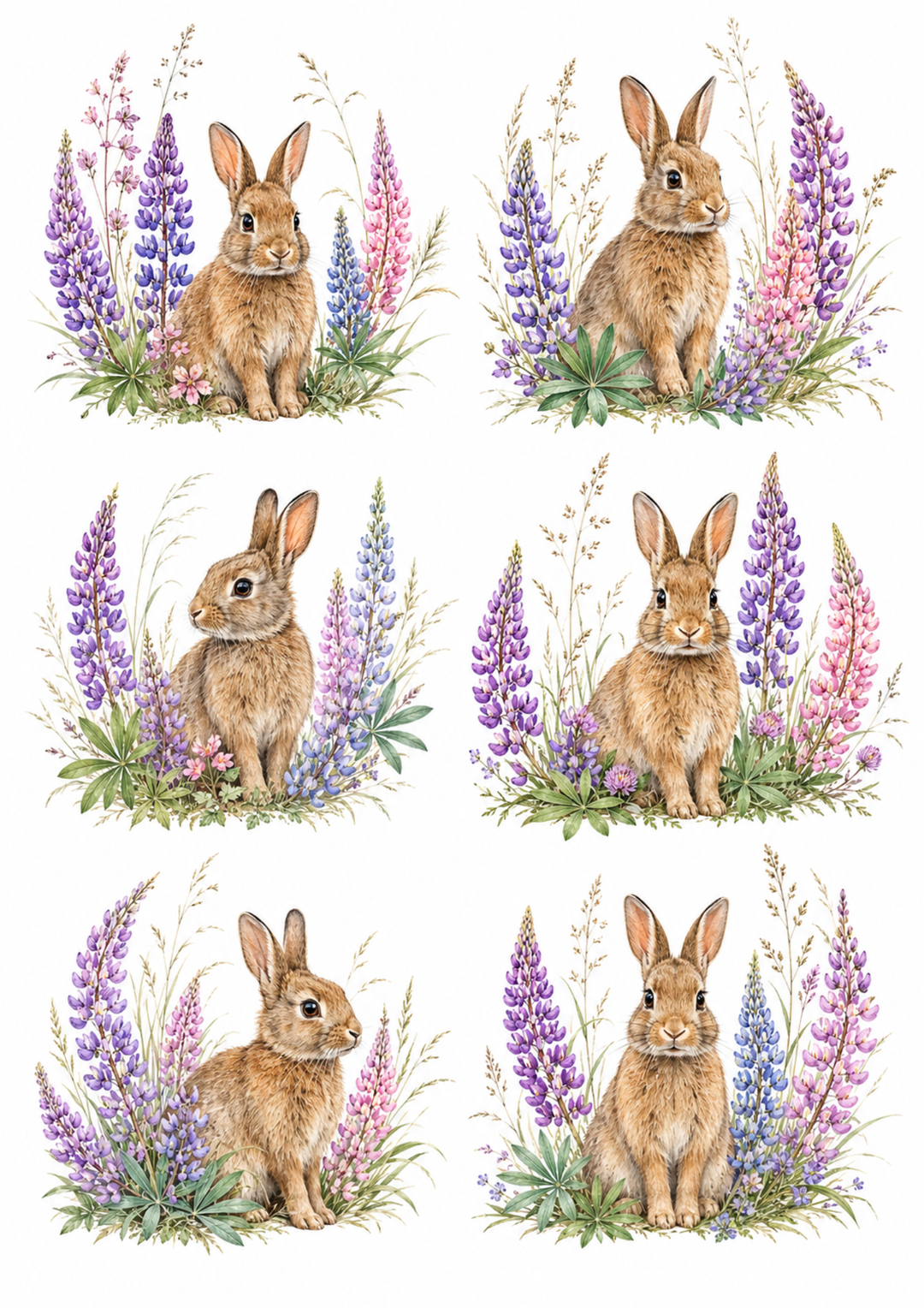 Rice Paper For Decoupage Hare in Blooming Lupine Collage Cat. No. 10160