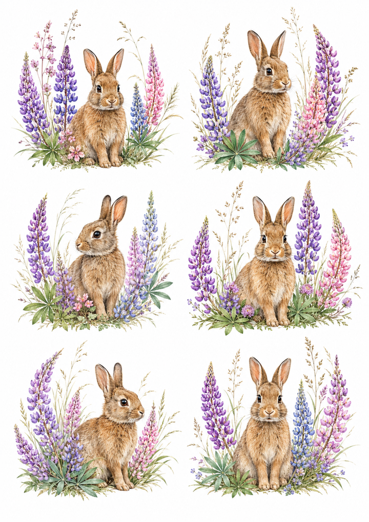 Rice Paper For Decoupage Hare in Blooming Lupine Collage Cat. No. 10160