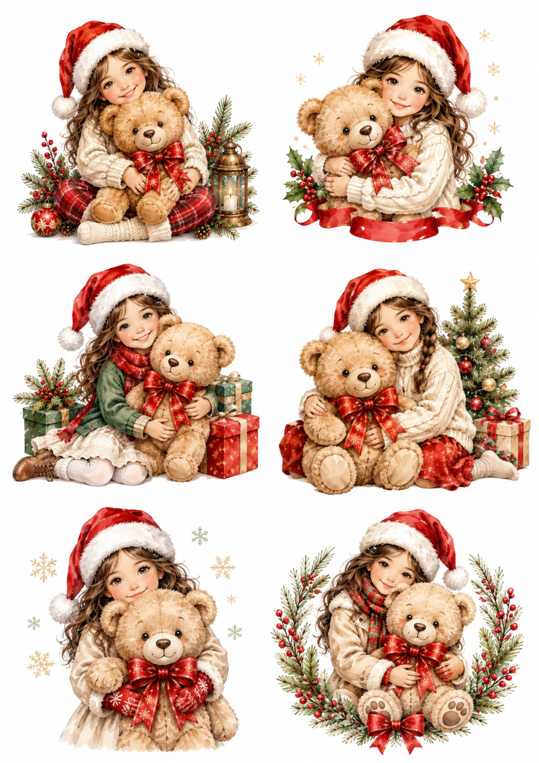 Rice Paper For Decoupage Girl with Teddy Bear - Christmas Scene  Collage Cat. No. 10166