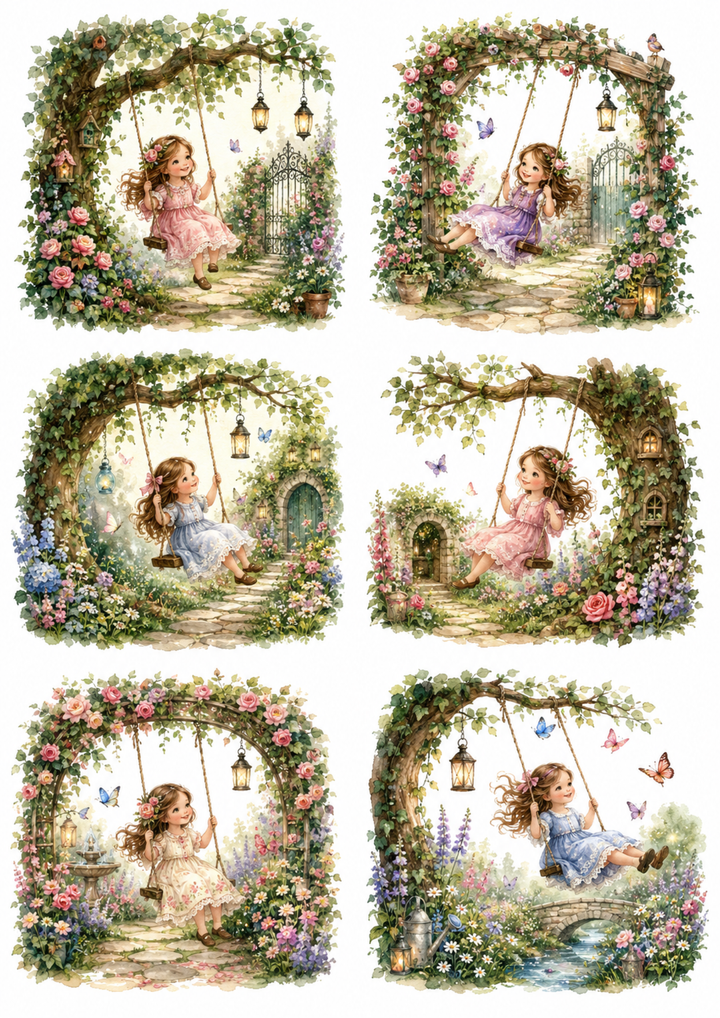 Rice Paper For Decoupage Little Girl on the Swing  Collage  Cat. No. 10172