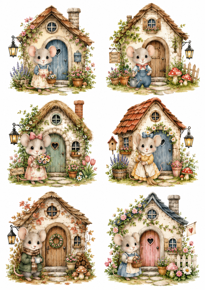 Rice Paper For Decoupage Little Mouse House Collage  Cat. No. 10176