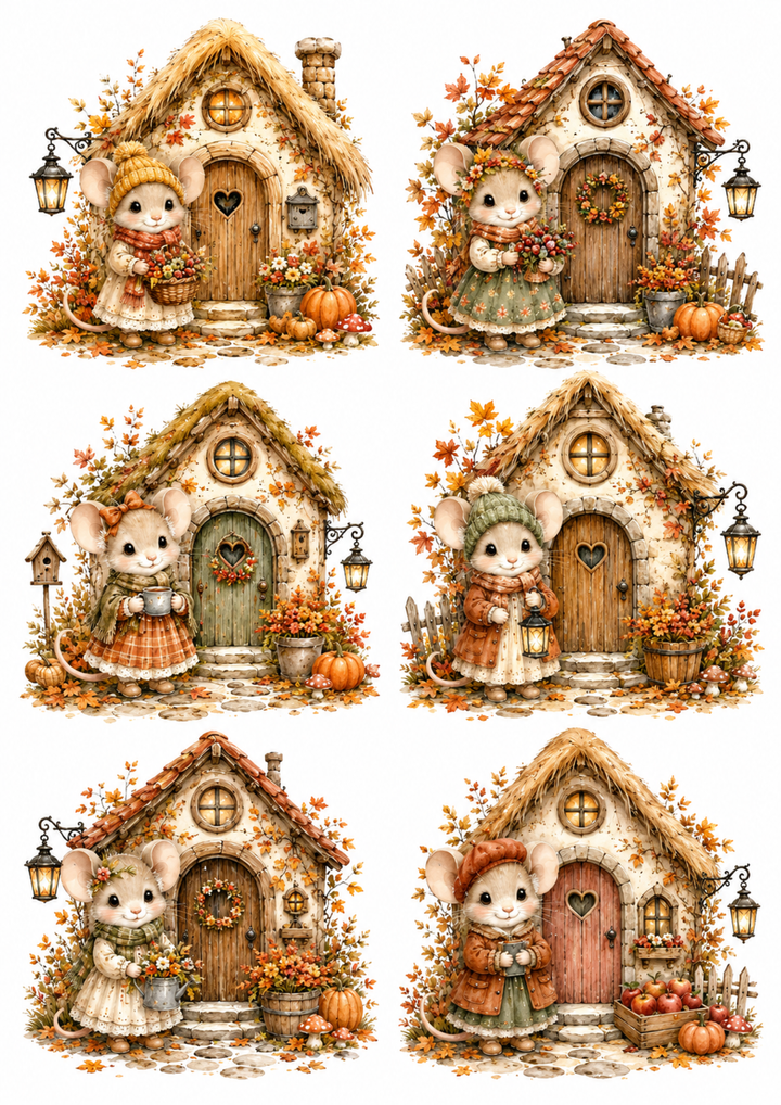 Rice Paper For Decoupage Little Mouse Autumn House Collage  Cat. No. 10179