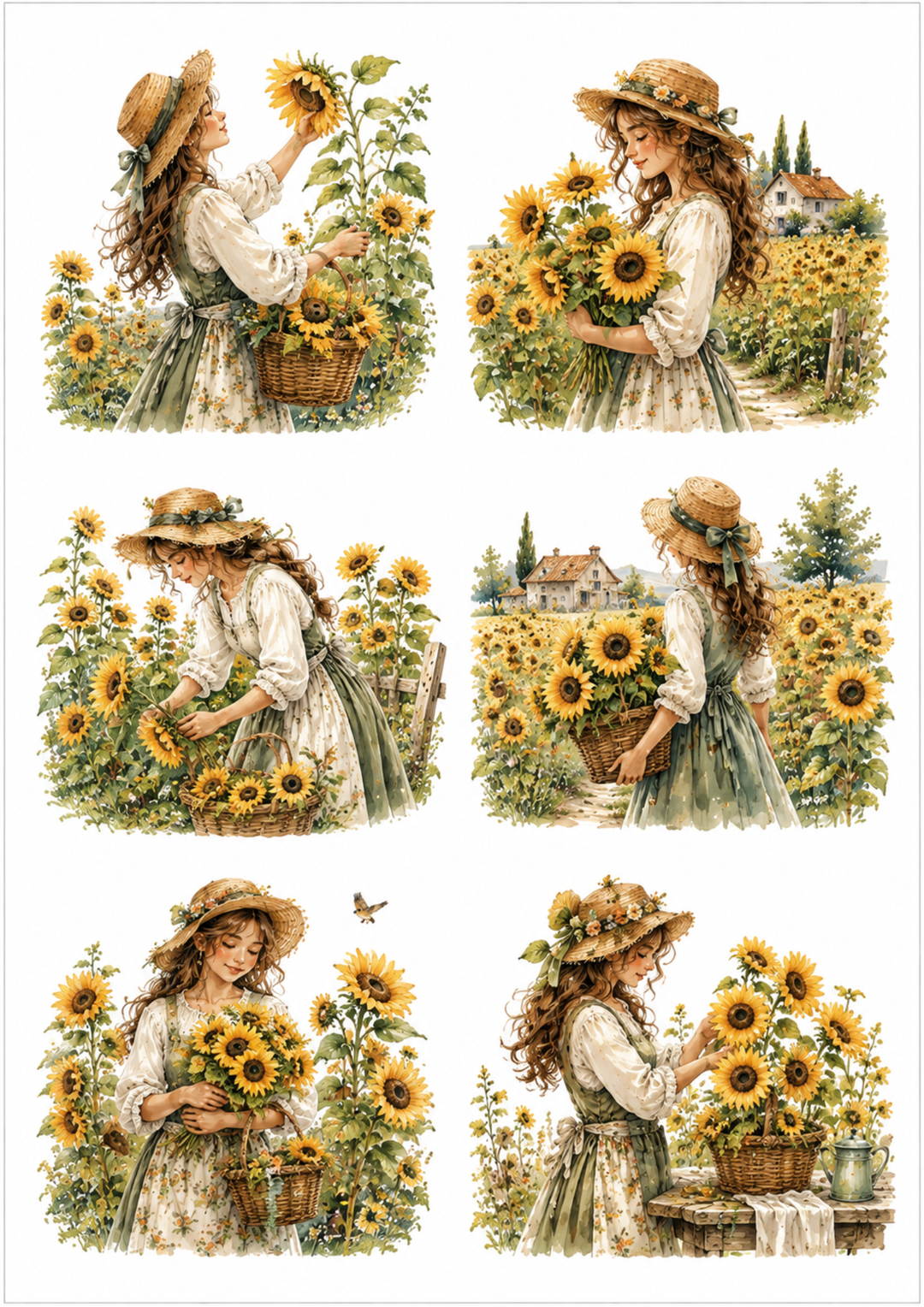 Rice Paper For Decoupage Girl &amp; Sunflower Field Scene Collage  Cat. No. 10180